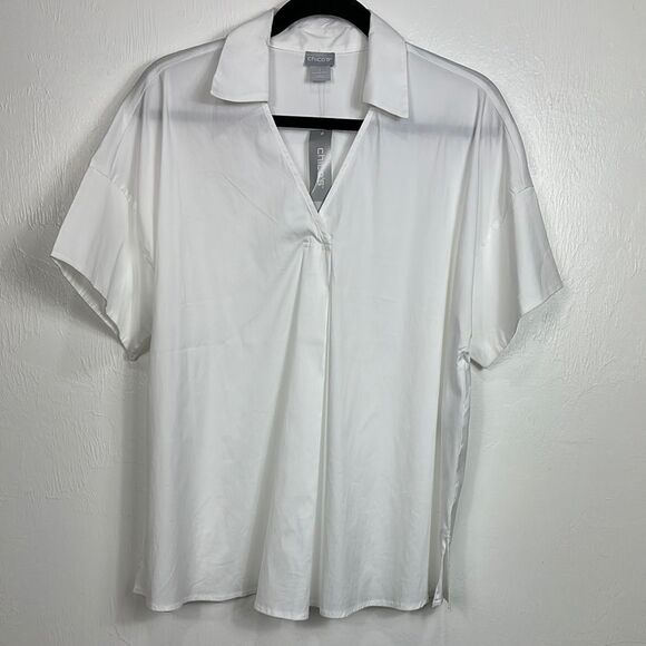 Chico's White Solid Trapeze Poplin Short Sleeve Blouse Top Size L - Picture 1 of 8